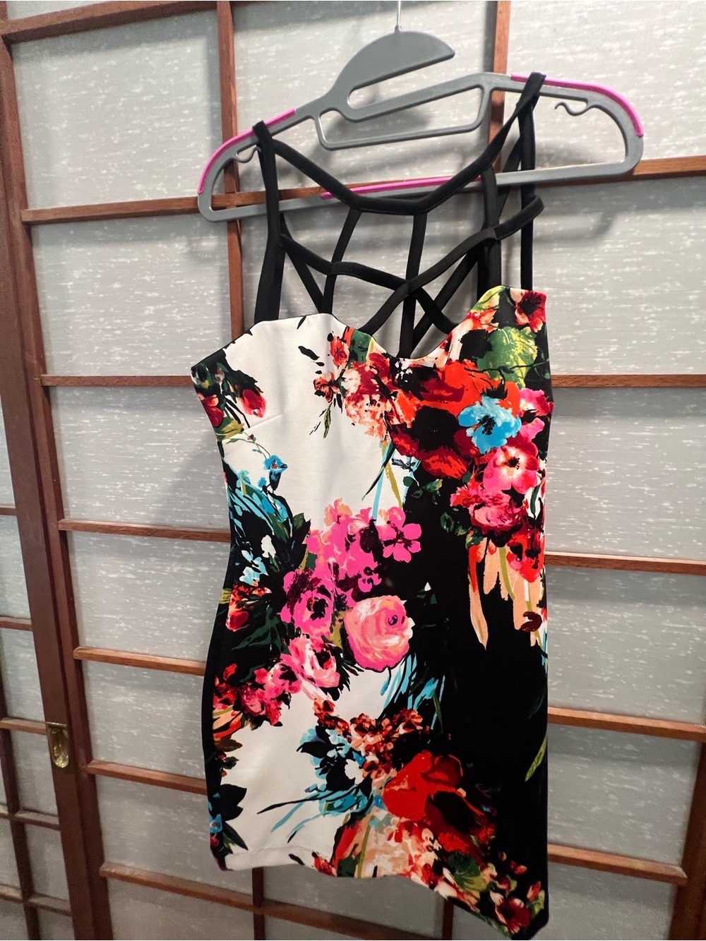 VENUS Strappy Floral Bodycon Mini Dress in Black & Multicolor